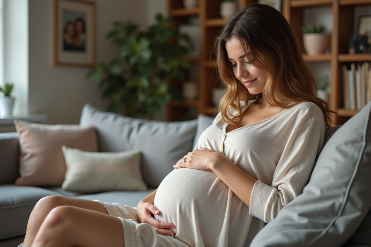 Femme enceinte dans un salon cosy avec ventre rond
