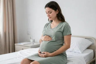 Femme enceinte au troisième trimestre assise sur un lit d'hôpital, mains posées sur le ventre, dans une chambre de maternité moderne