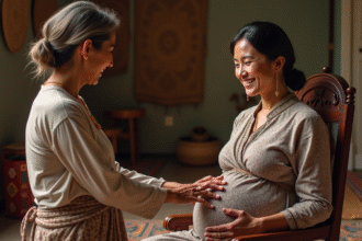 Femme enceinte et sage-femme dans un cadre traditionnel