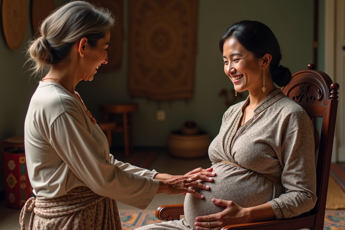 Femme enceinte et sage-femme dans un cadre traditionnel