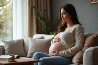 Femme enceinte assise sur un canapé dans un salon calme
