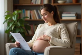 Femme enceinte lisant des informations médicales sur la scarlatine dans un salon confortable