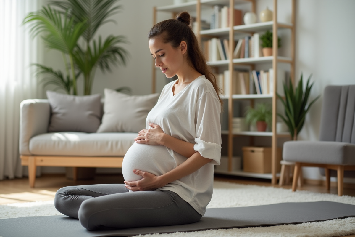 Femme enceinte faisant yoga dans un salon cosy