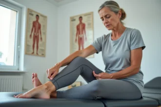 Femme d'âge mûr examinant son talon douloureux dans une clinique de physiothérapie moderne, illustrant les problèmes d'épine calcanéenne