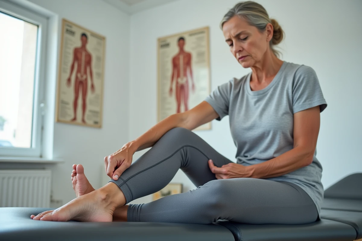 Femme d'âge mûr examinant son talon douloureux dans une clinique de physiothérapie moderne, illustrant les problèmes d'épine calcanéenne