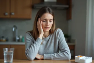 Femme fatiguée tenant son côté droit sous les côtes, symptôme de douleur hépatique et de transaminases SGPT élevées