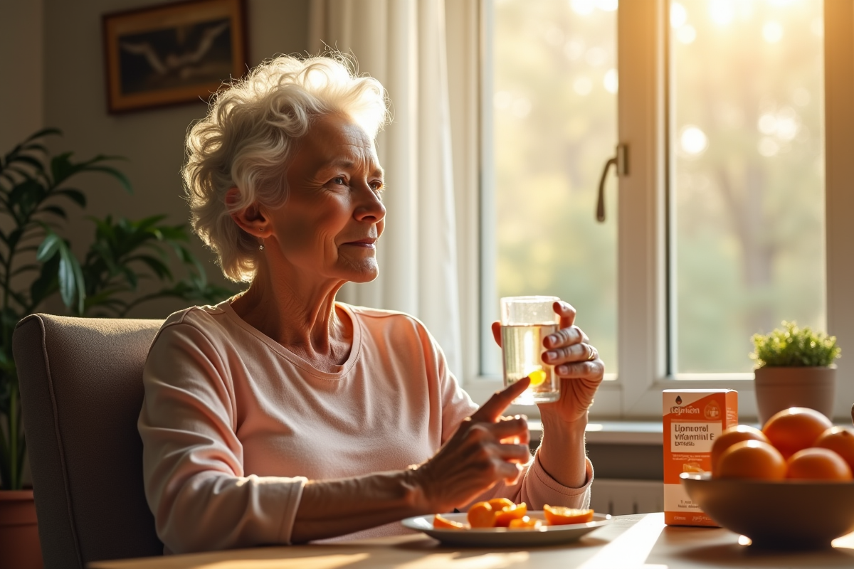 Femme âgée prenant une capsule de vitamine C liposomale près des oranges
