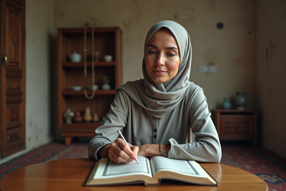 Femme musulmane méditant avec le Quran dans un intérieur paisible