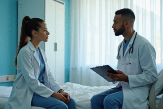 Femme inquiète parlant à un médecin dans un hôpital