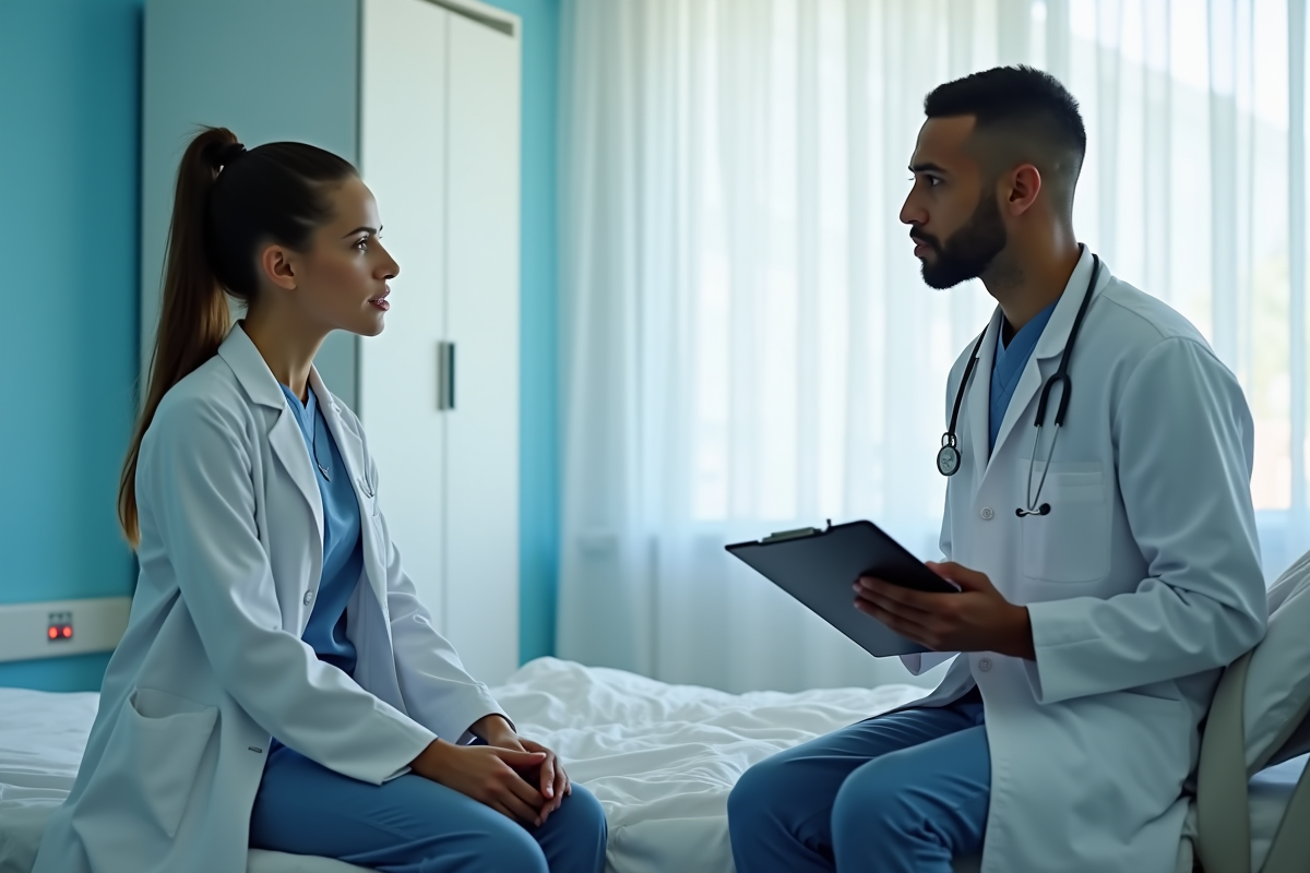 Femme inquiète parlant à un médecin dans un hôpital