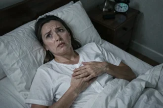 Femme allongée dans son lit la nuit, les yeux ouverts, souffrant de troubles du sommeil et de sensations de vibrations internes