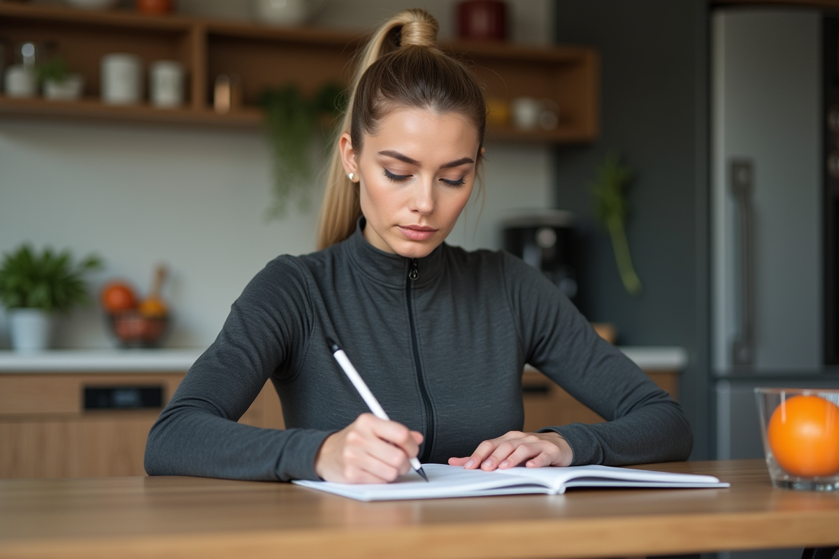 Femme en tenue de sport écrit son plan alimentaire