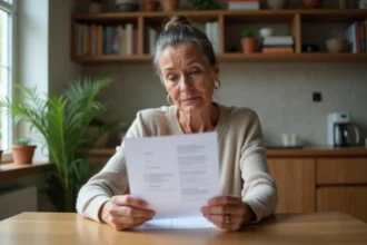 Femme lisant un compte rendu de dermatopathologie à domicile avec attention et concentration