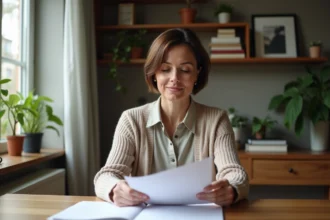Femme d'âge moyen lisant des papiers à la maison