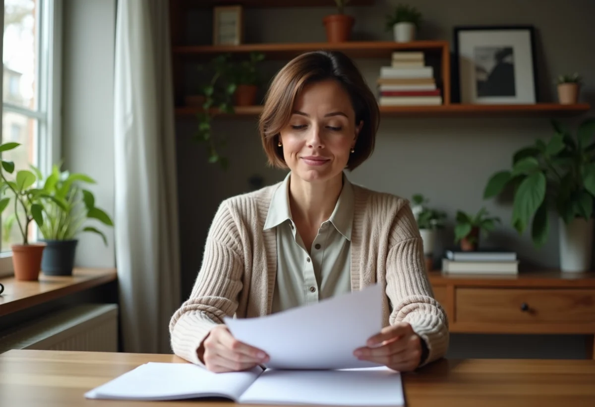 Femme d'âge moyen lisant des papiers à la maison