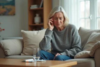 Femme adulte tenant sa tempe avec une boîte de paracétamol 1000 mg posée sur la table basse, illustrant un possible malaise après prise de médicament