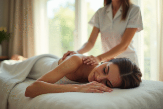 Femme détendue recevant un massage dans un studio lumineux