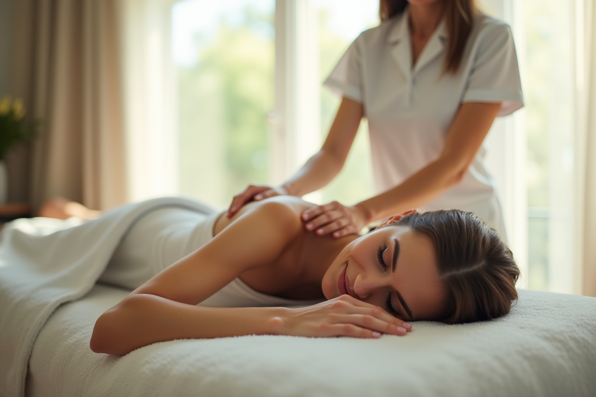 Femme détendue recevant un massage dans un studio lumineux