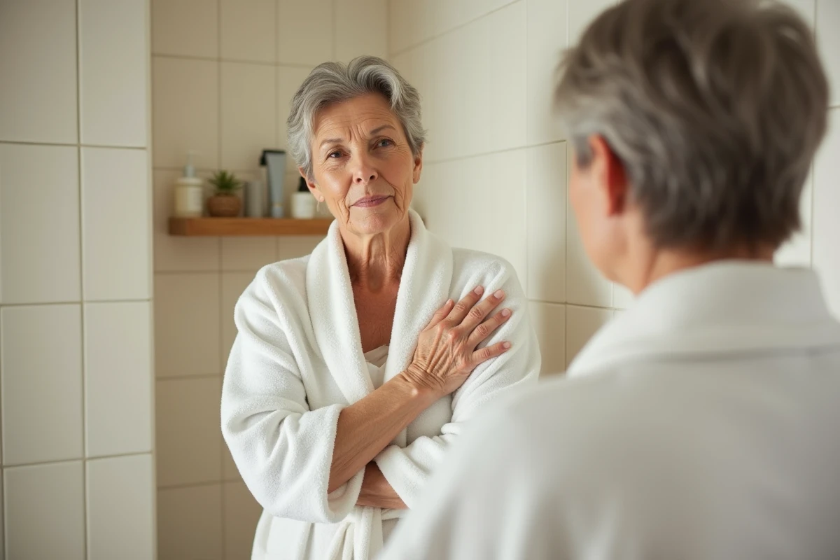 Femme mature examinant sa peau devant un miroir de salle de bain, évoquant la vigilance face aux symptômes cutanés et aux démangeaisons après 50 ans