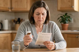 Femme lisant la notice d'un médicament pour comprendre ses effets indésirables