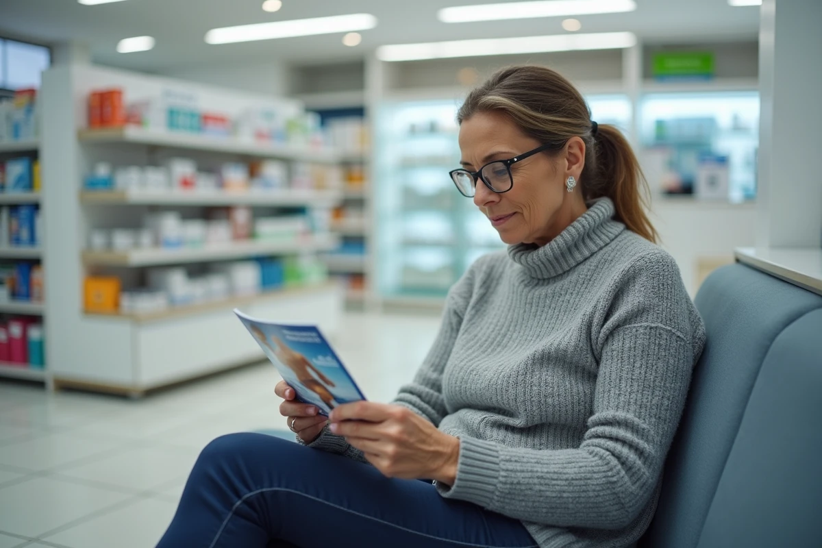 Femme lisant la notice d'un complément articulaire en pharmacie avant de l'acheter