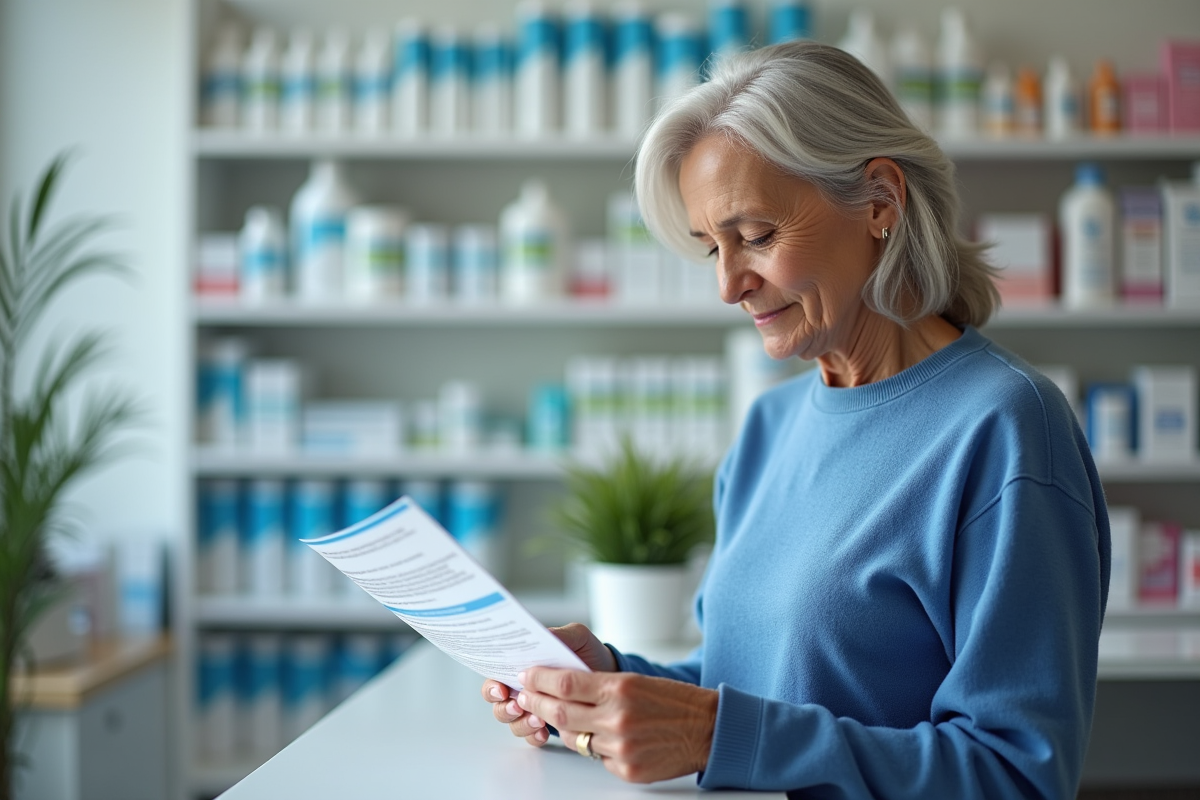 Femme d'âge moyen tenant un dépliant de vaccination à la pharmacie