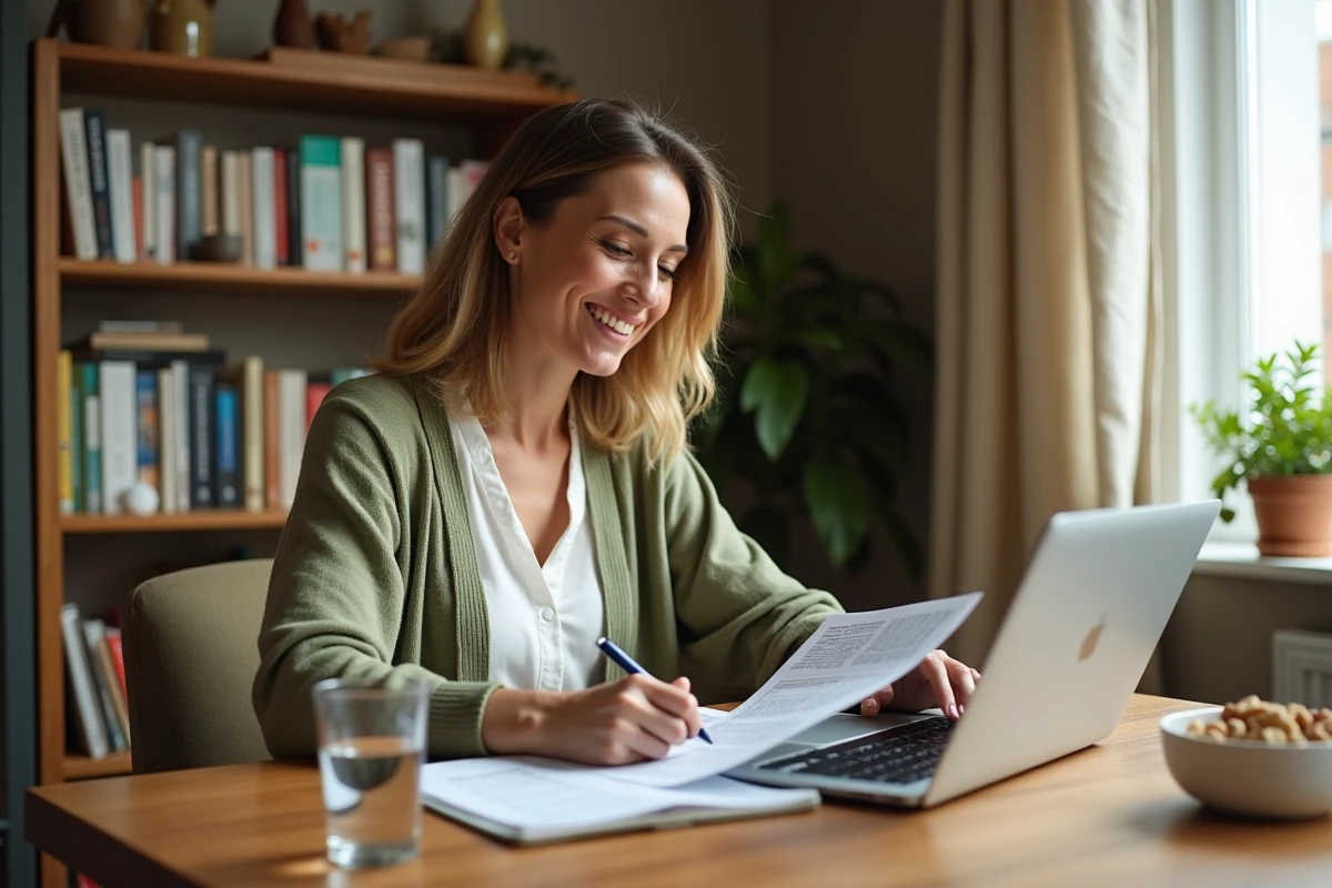 Femme consultant un plan nutritionnel personnalisé à son bureau pour une perte de poids rapide et saine