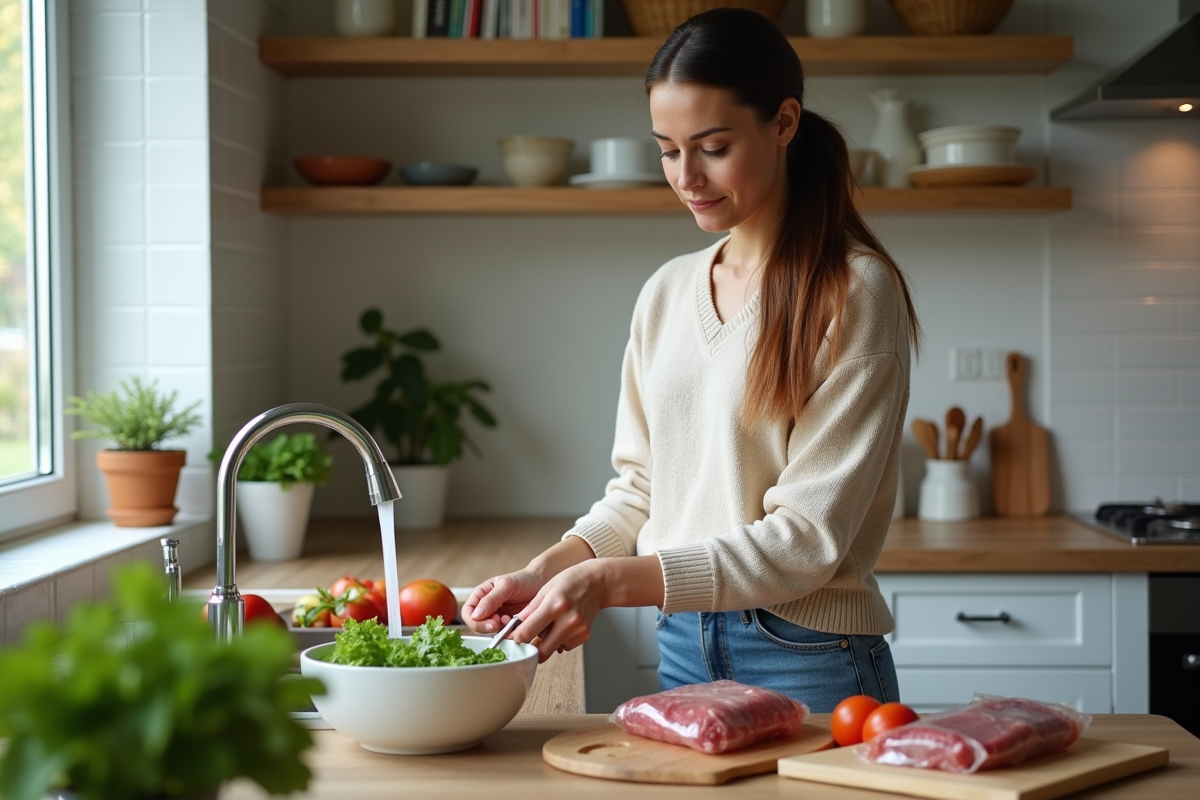 Femme en cuisine préparant une salade fraîche