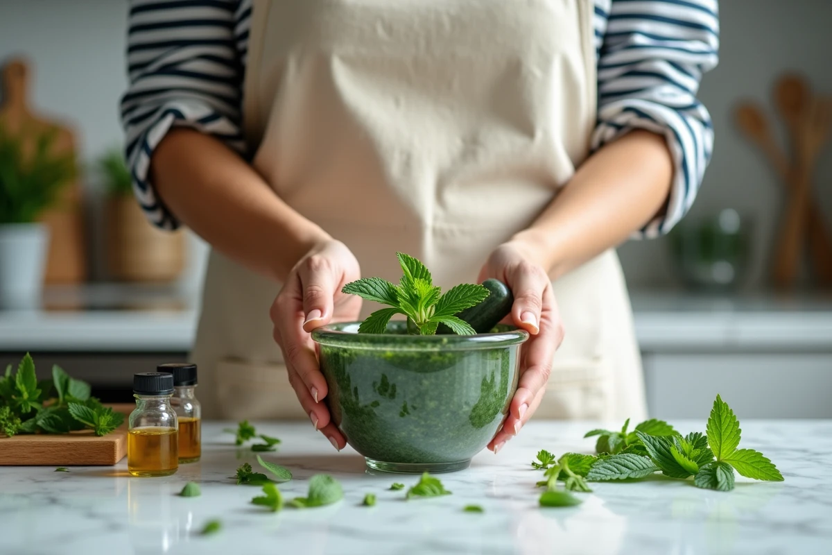Femme préparant un remède naturel à base de feuilles de menthe fraîches avec un mortier en marbre dans une cuisine moderne