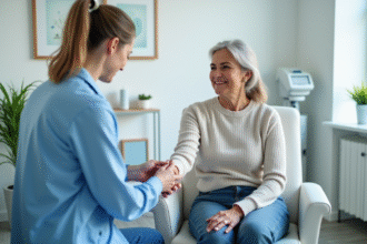Femme d'âge moyen recevant un test de pression dans une clinique moderne