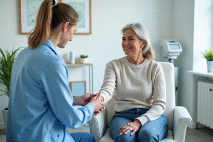 Femme d'âge moyen recevant un test de pression dans une clinique moderne