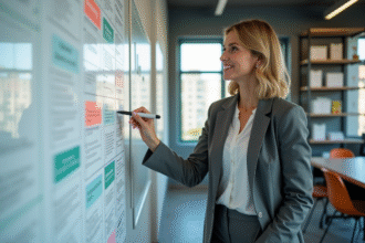 Femme professionnelle souriante devant un tableau blanc avec diagrammes