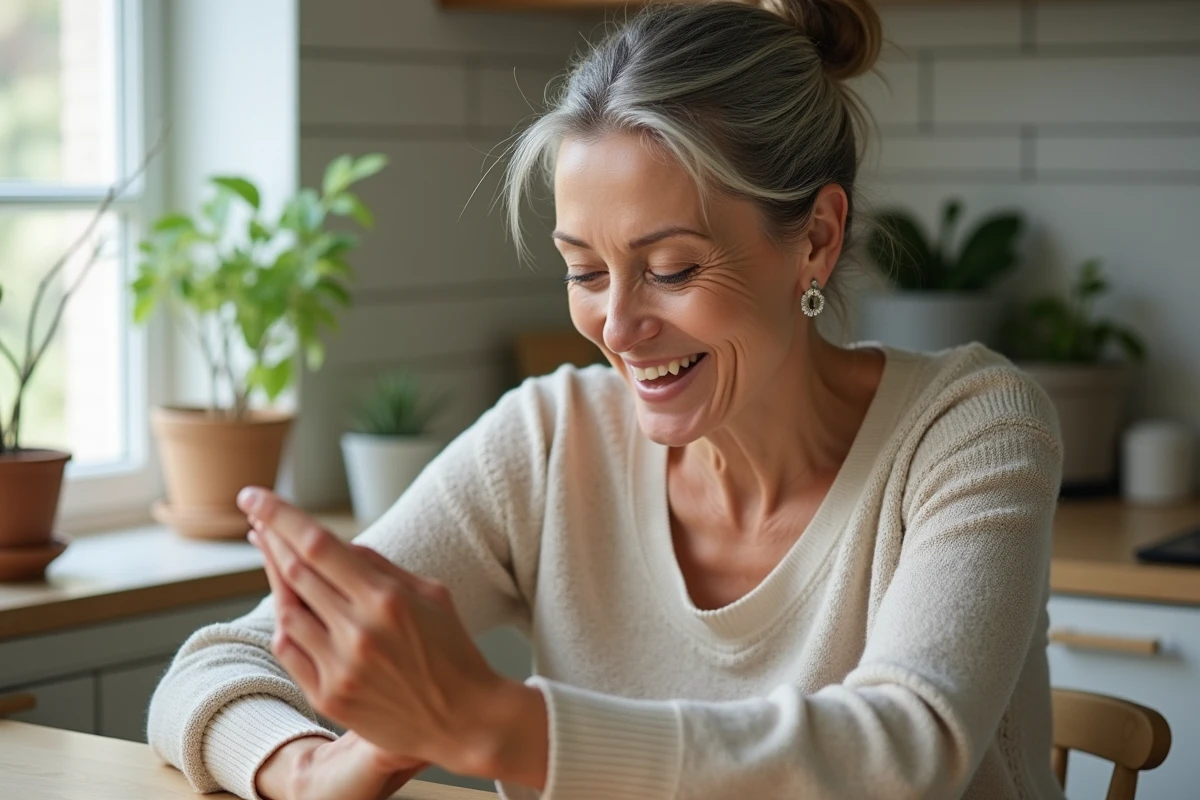 Femme d'âge moyen examine sa main dans une cuisine lumineuse