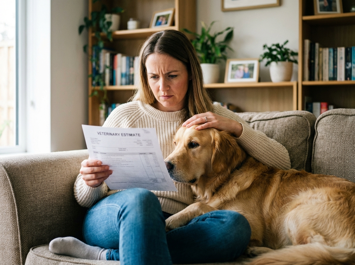 Femme réconfortant un chien golden retriever dans un salon