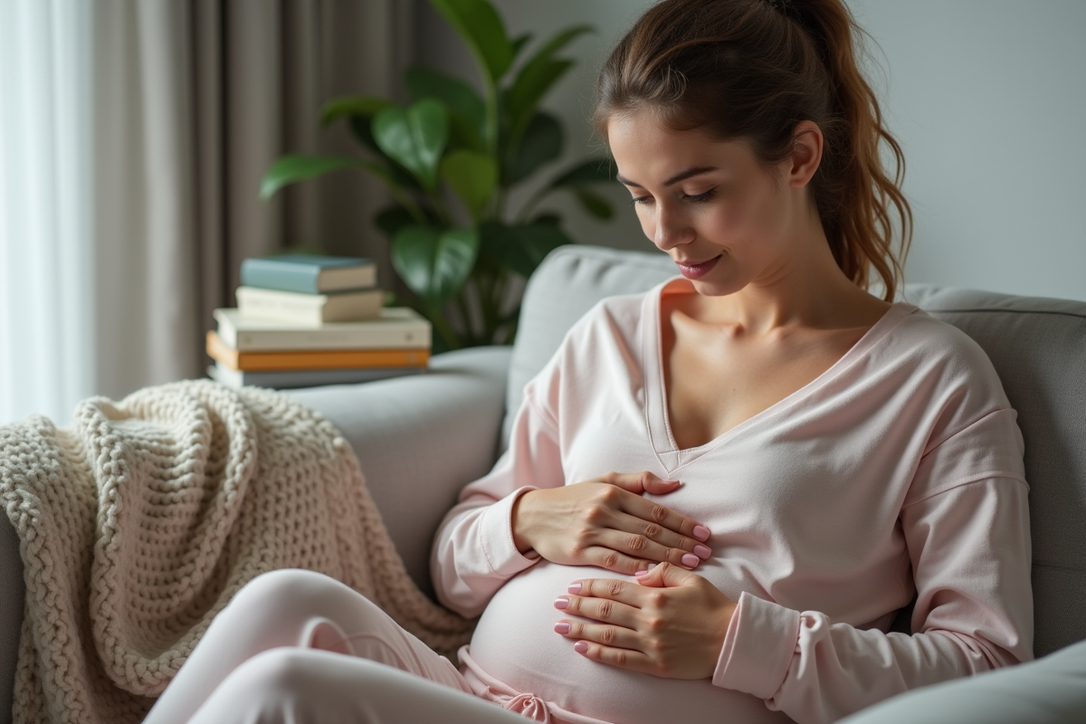 Femme détendue touchant son ventre dans un salon moderne
