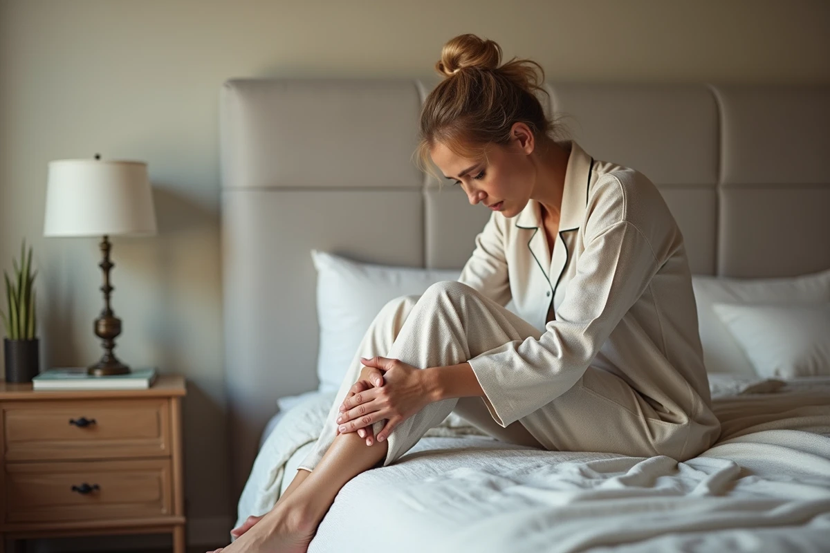 Femme d'âge moyen en pyjama se massant la jambe dans sa chambre