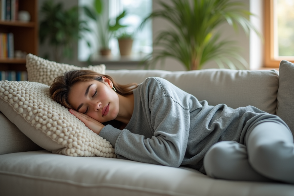Femme reposant dans un salon lumineux et cosy