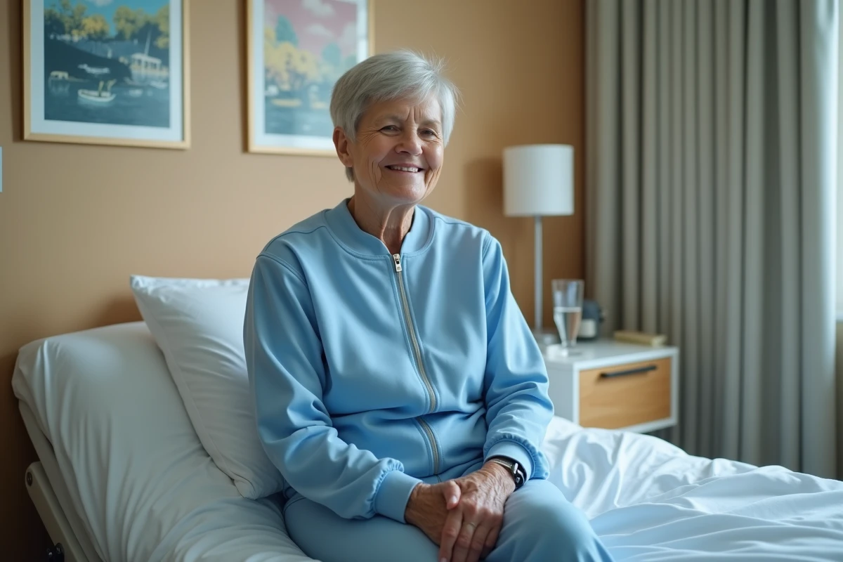 Femme âgée en tenue confortable dans une chambre d'hôpital