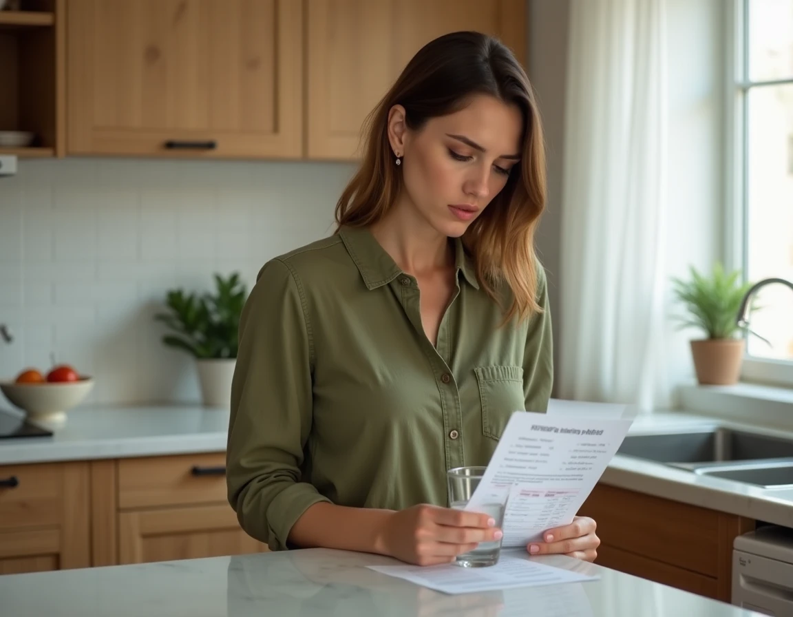 Femme lisant ses résultats d'analyse sanguine montrant un taux de gamma GT élevé dans sa cuisine