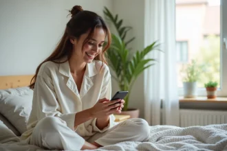 Jeune femme en pyjamas confortables souriant au réveil