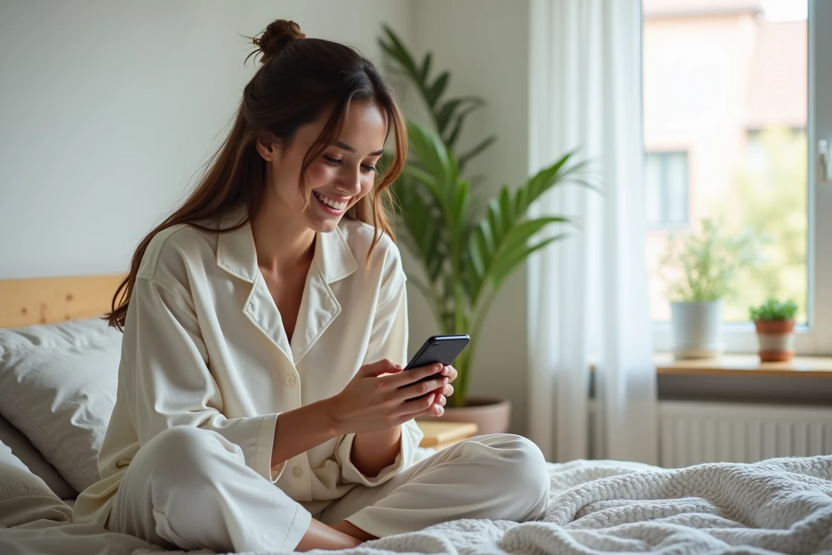 Jeune femme en pyjamas confortables souriant au réveil