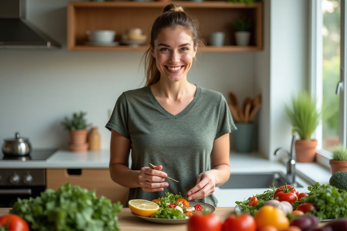 Femme souriante préparant une salade colorée en cuisine