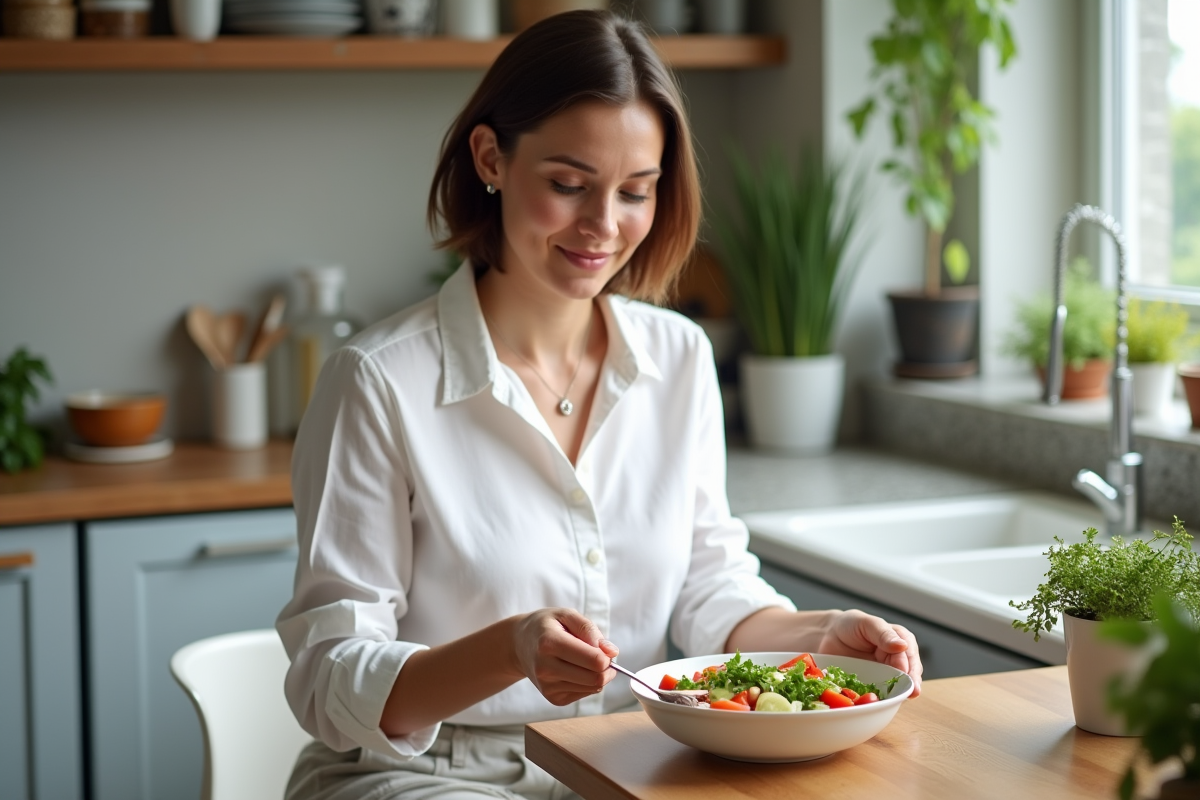 Femme souriante préparant une salade dans une cuisine lumineuse