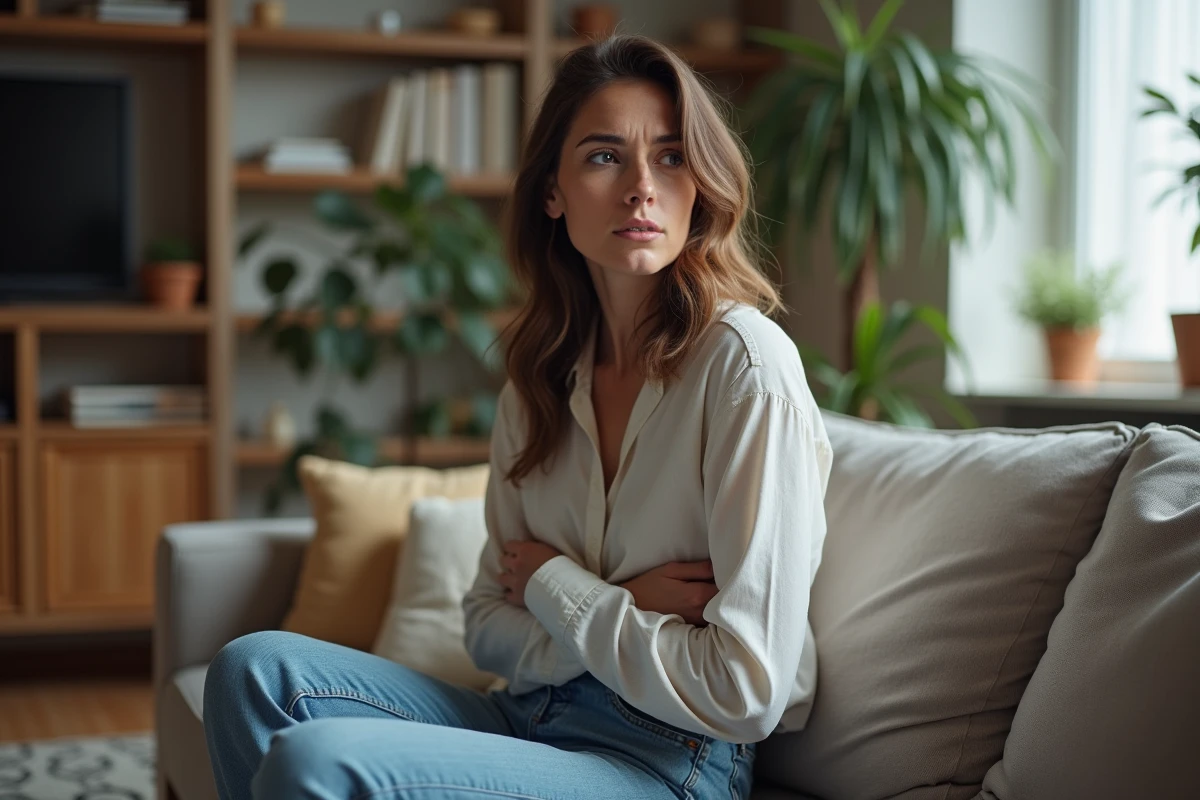 Femme assise sur un canapé dans un salon moderne