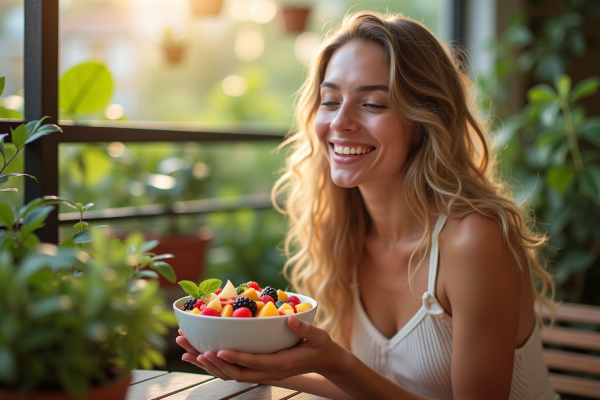 Jeune femme souriante dégustant une salade de fruits colorée en balcon