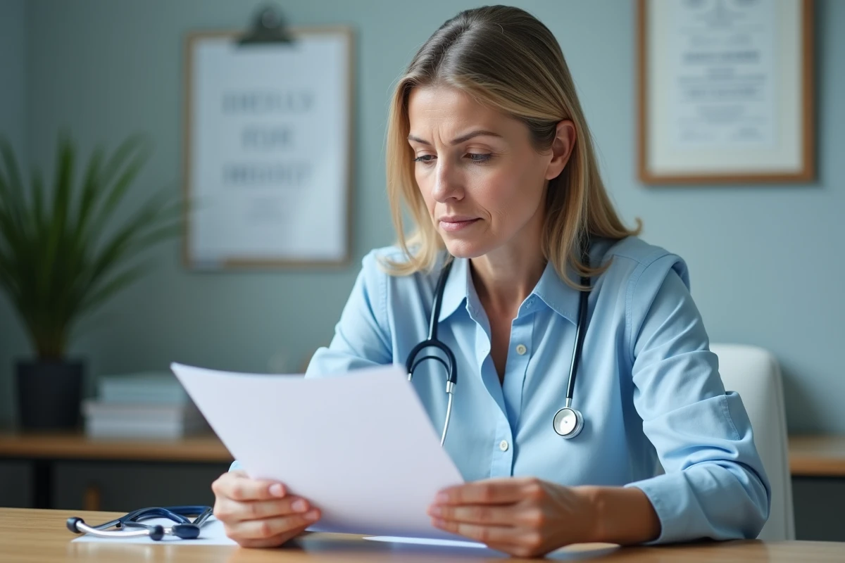 Femme d'âge moyen en blouse bleue dans une clinique moderne