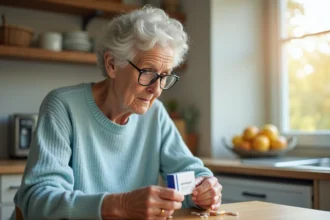 Femme âgée examine un organisateur de pilules dans la cuisine