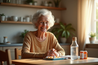 Femme senior souriante avec médicaments à la maison