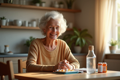 Femme senior souriante avec médicaments à la maison