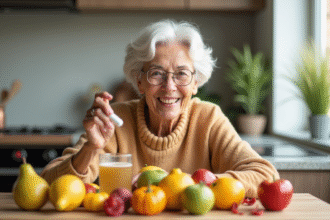 Femme senior souriante avec vitamine E dans la cuisine